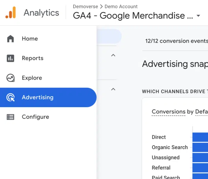 GA4 interface - Advertising