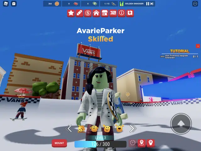 My Roblox avatar in the Vans World experience, skateboard in hand.